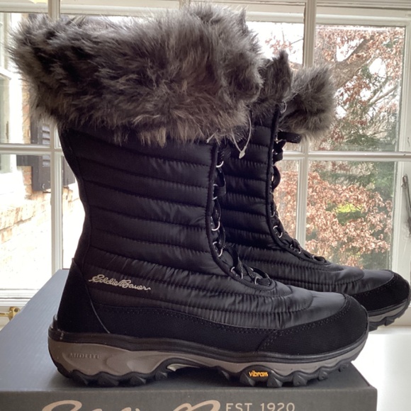 Eddie Bauer Women’s Microtherm II Tall Winter Black Boots Faux Fur Trim Laces - Picture 12 of 15